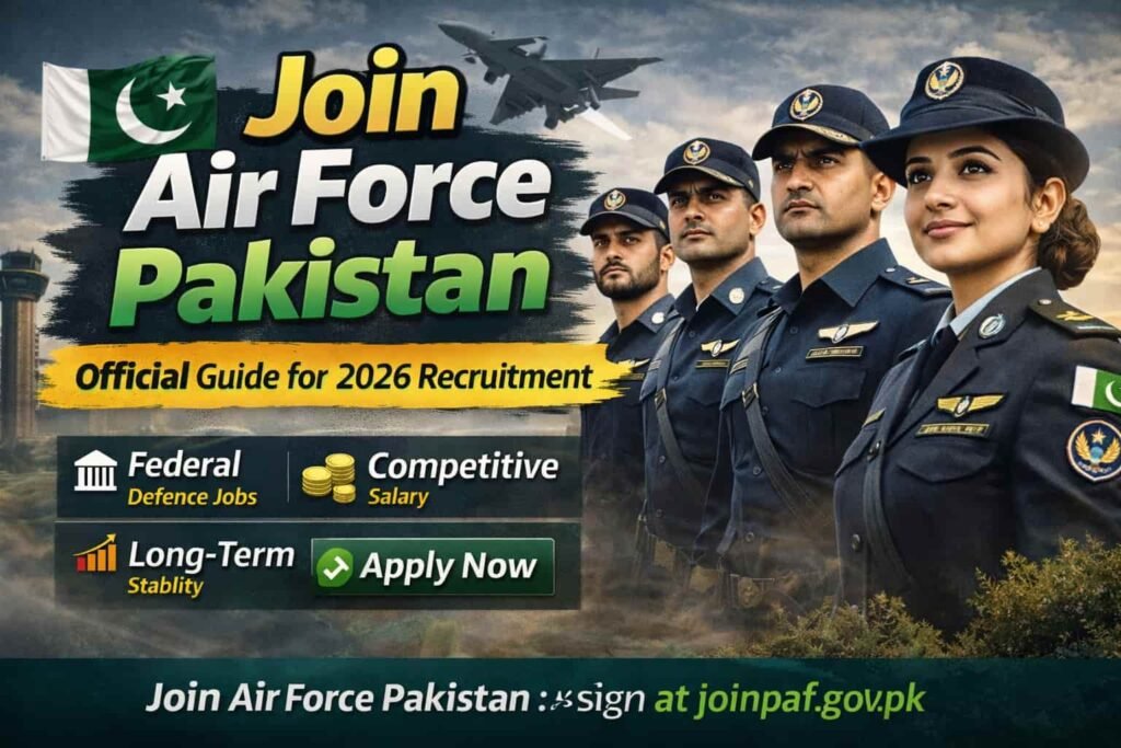 Pakistan Air Force cadet in uniform at air base with fighter jet background representing join air force pakistan 2026 recruitment guide.