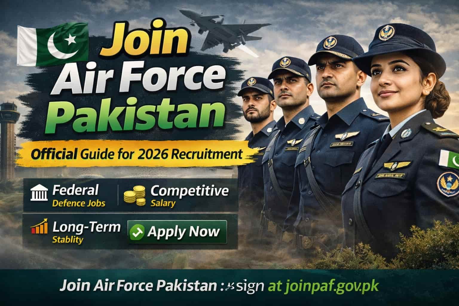 Pakistan Air Force cadet in uniform at air base with fighter jet background representing join air force pakistan 2026 recruitment guide.