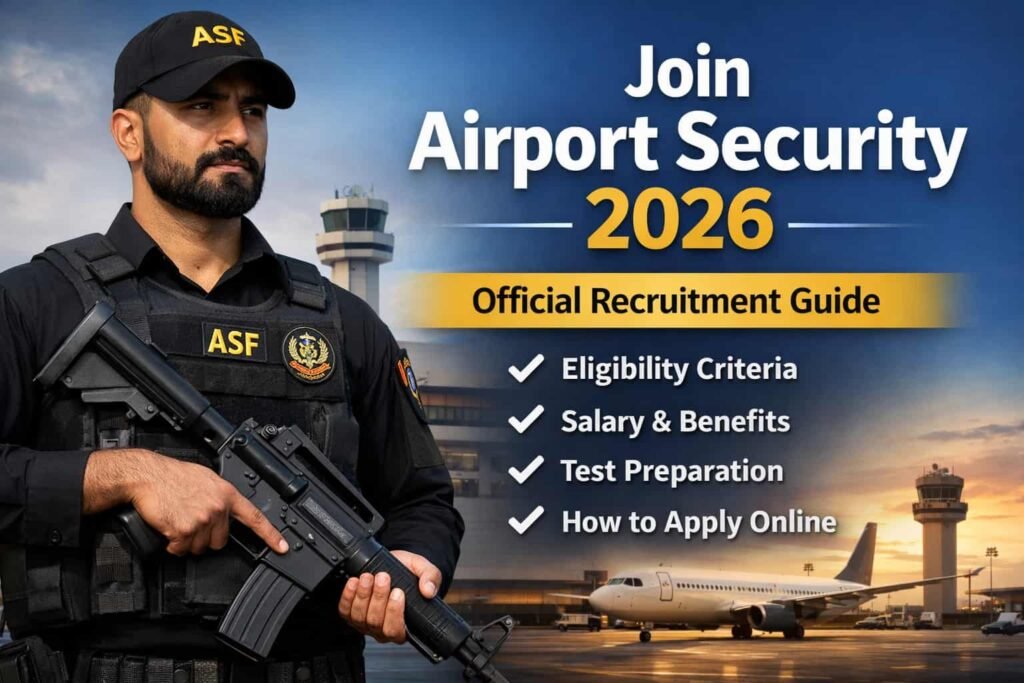 Airport Security Force officer standing at Pakistan airport with aircraft and control tower background promoting Join Airport security 2026 recruitment guide.