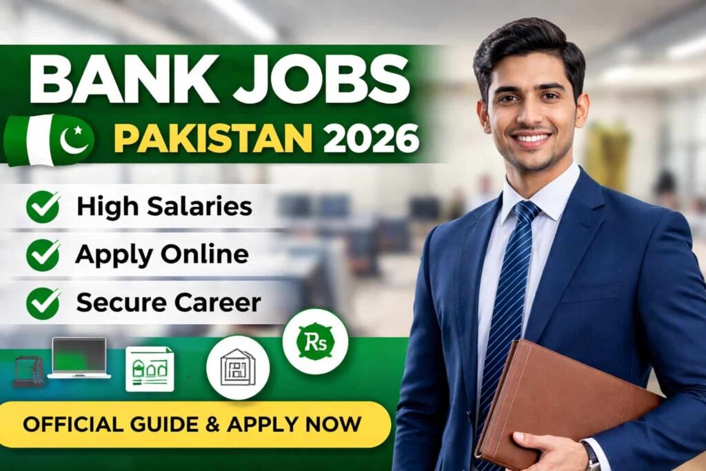 16:9 thumbnail banner showing Bank Jobs Palistan 2026 guide with a professional banker in suit, high salaries, apply online, and secure career highlights.