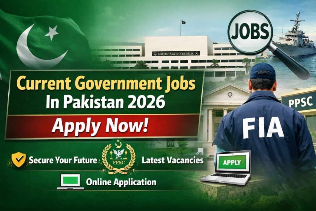 Current Government Jobs in Pakistan 2026 thumbnail showing Pakistani flag, FIA officer, FPSC logo and Apply Now online application banner