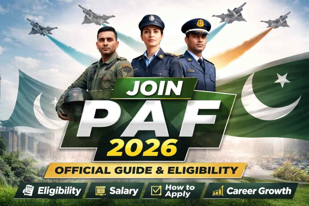 Promotional thumbnail for Join P A F 2026 showing Pakistan Air Force officers and fighter jets with eligibility, salary, and apply guide highlights.