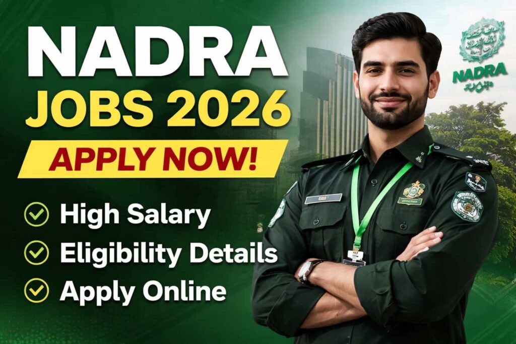 NADRA Jobs 2026 advertisement thumbnail showing a uniformed officer with apply now text, salary details, and online application information.