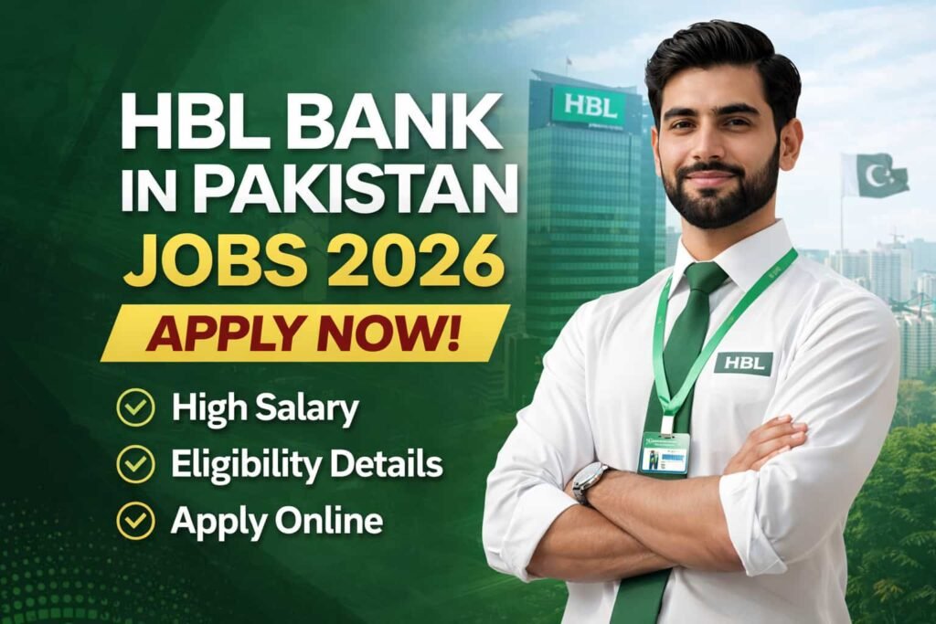 HBL bank in Pakistan jobs 2026 thumbnail showing a bank employee with apply now text, salary package, and eligibility details.