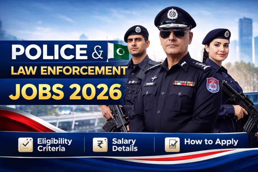 Police & Law Enforcement Jobs 2026 recruitment banner showing uniformed officers with eligibility, salary details and apply online information